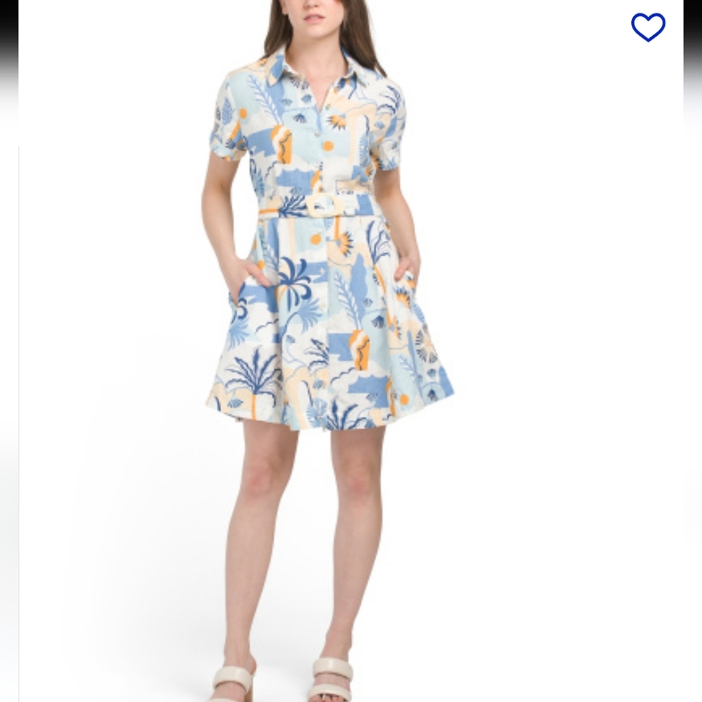 Nicole Miller Linen Mini Dress Short Sleeve Palm Print Button Up Womens Size M